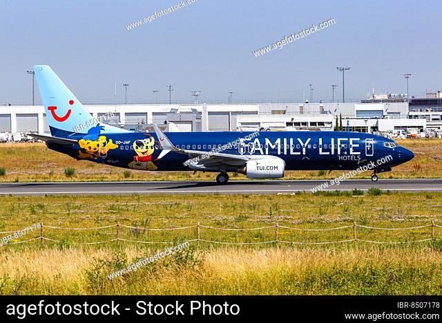 A TUI Belgium Boeing 737-800 aircraft with registration number OO-JAF and Family Life Hotels special livery at Paris Orly Airport, France, Europe