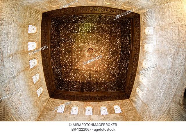 Decorated wooden ceiling in the Sala de Embajadores, Hall of the Ambassadors, the Throne room in the Nasrid palaces, Palacios Nazaries, Alhambra, Granada