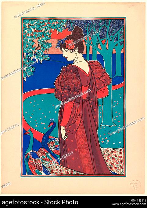 Woman with Peacocks. Artist: Louis John Rhead (American, born England, 1857-1926); Date: 1897; Medium: Commercial lithography; Dimensions: Image: 13 3/8 x 8 7/8...