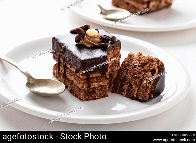 chocolate and coffee cake on a white plate