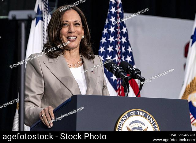 United States Vice President Kamala Harris speaks at the C.W. Avery Family YMCA on Friday June 24, 2022 in Plainfield, Illinois