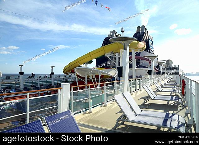 Deck of the Norwegian cruises line Epic cruise ship in the cruise port of Barcelona, Spain