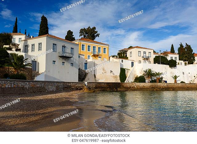 Traditional architecture in Spetses seafront, Greece.
