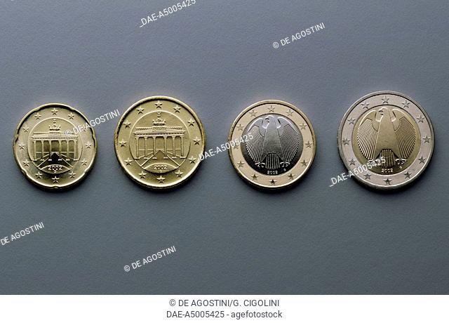 20 cent, 50 cent, 1 euro and 2 euro coins, issued in Germany, 2002, obverse depicting the Brandenburger Tor in Berlin, German eagle