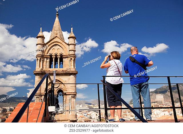 Visitors at the top of the Cathedral near the bell tower, Palermo, Sicily, Italy, Europe