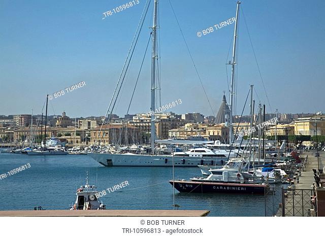Ships in Harbour Ortygia Island Siracusa Sicily Italy