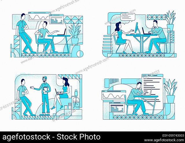 Employees at work flat silhouette vector illustrations set. Workers with computers in office outline characters on white background