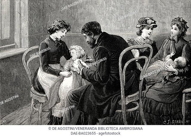Vaccinating infants, illustration from The Graphic, volume XXVII, no 685, January 13, 1883