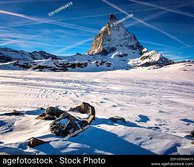 View of Matterhorn on a clear sunny day from the ski slope, Zermatt, Switzerland