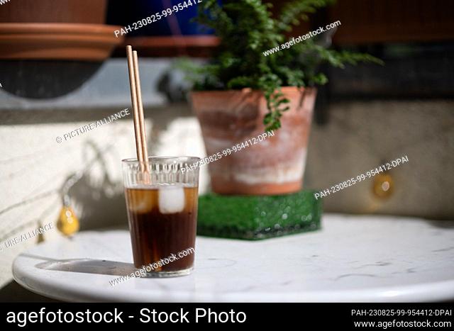 PRODUCTION - 24 August 2023, Berlin: Paper straws stuck in a glass of lemonade. Photo: Sebastian Christoph Gollnow/dpa. - Berlin/Berlin/Germany
