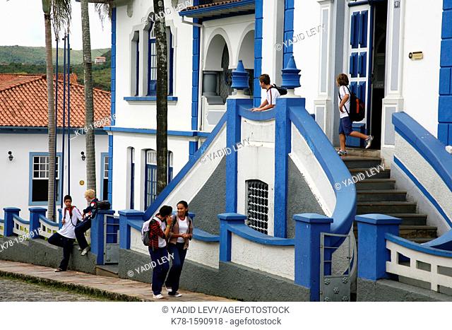 View over a street near Praca Minas Gerais with colonial buildings and the Colegio Providencia from 1849  Mariana, Minas Gerais, Brazil