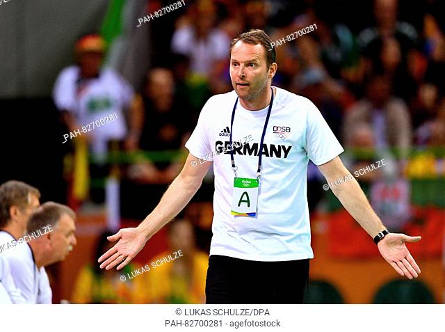 Coach Dagur Sigurdsson of Germany reacts during the Men's Preliminary Group B match between Brazil and Germany of the Handball events during the Rio 2016...