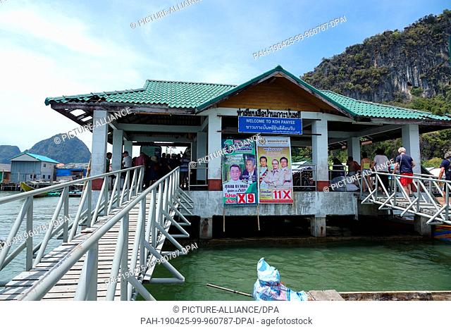 06 March 2019, Thailand, Koh Panyi: A landing place built on stilts for boats in the fishing village of Koh Panyi. The village is completely built on stilts and...