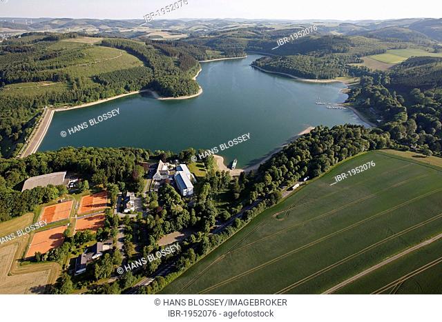 Aerial view, Hennetalsperre reservoir lake, Naturpark Homert nature park near Meschede, Hochsauerlandkreis area, Sauerland region, North Rhine-Westphalia