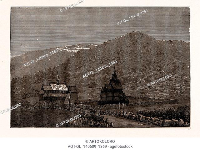 BORGUND VALLEY, WITH THE OLD CHURCH AND BELFRY, NORWAY, 1886