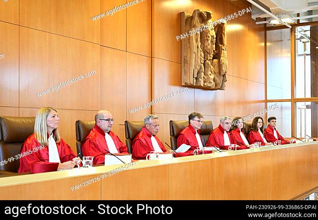 26 September 2023, Baden-Württemberg, Karlsruhe: The First Senate of the Federal Constitutional Court, (l-r) Miriam Meßling, Heinrich Amadeus Wolff