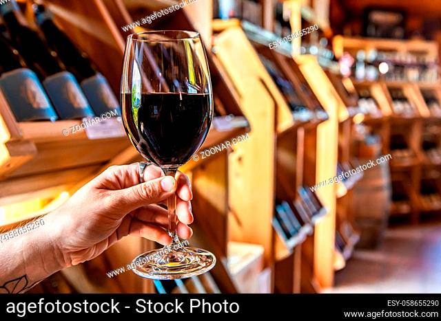 hand holding a glass of red wine selective focus view, tasting room wines bottles display on wooden racks shelves background, wine shop interior