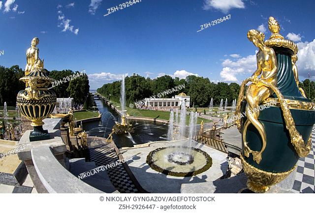 Golden statues and fountains in Peterhof Park Petrodvorets, St. Petersburg, Russia