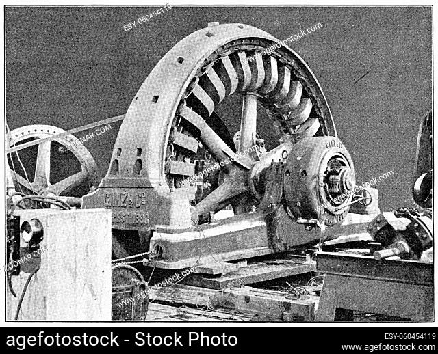 Three-phase electric machine. Illustration of the 19th century. Germany. White background