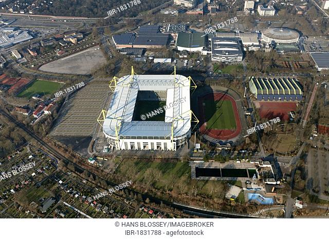 Aerial view, Signal Iduna Arena stadium, Signal Iduna Park, Westfalenstadion stadium, Dortmund, Ruhrgebiet region, North Rhine-Westphalia, Germany, Europe