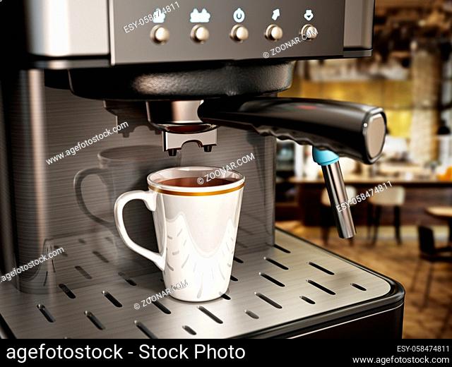 Coffee machine with a cup of fresh coffee. 3D illustration