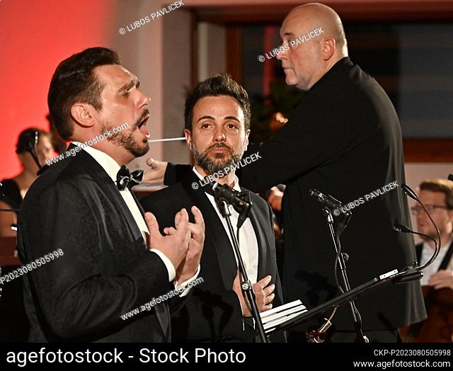 From left tenors Alessandro Fantoni, Ugo Tarquini and Christo Pavlov, conductor of Moravian Philharmonic Orchestra Olomouc perform during the opening gala...