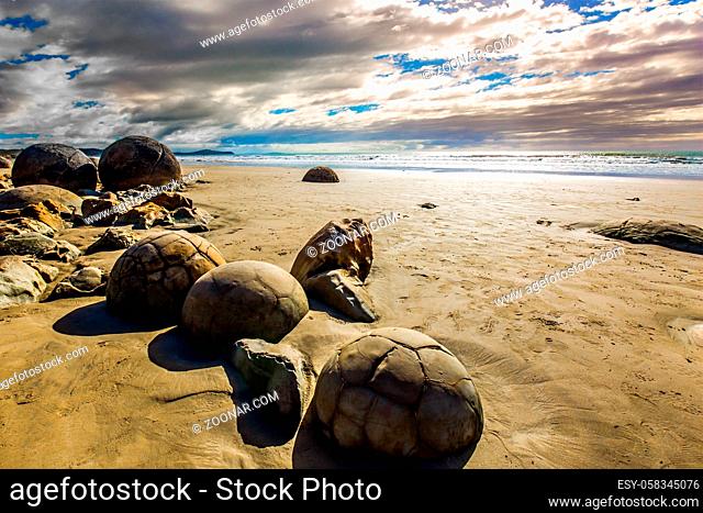 The mysterious huge round boulders of Moeraki and their remains on a sandy beach. The popular tourist attraction. New Zealand