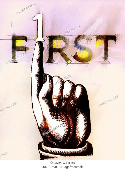Finger pushing number 1 from ’First’ text