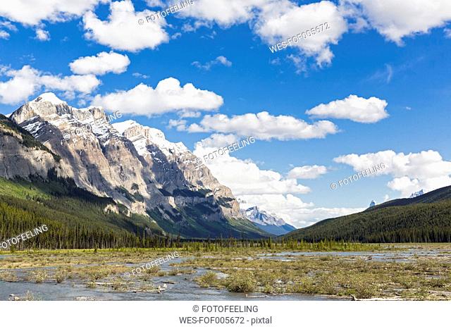 Canada, Alberta, Jasper National Park, Banff National Park, Parkway, Mount Wilson rising above Saskatchewan River