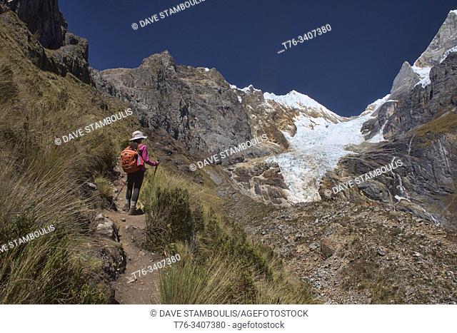 Trekker heading to Siula Punta on the Cordillera Huayhuash circuit, Ancash, Peru