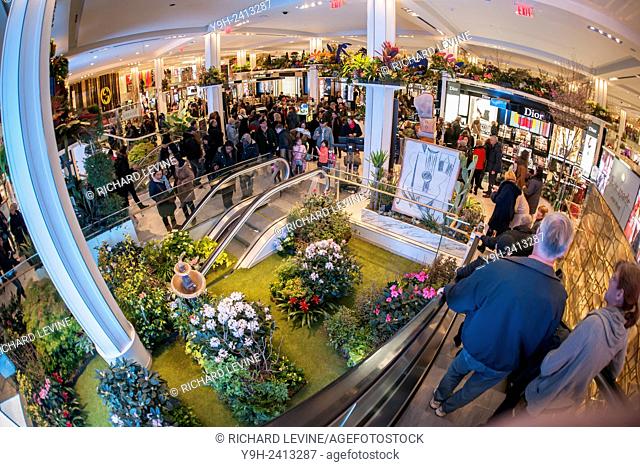 Macy's flagship department store in Herald Square in New York is festooned with floral arrangements for the annual Macy's Flower Show