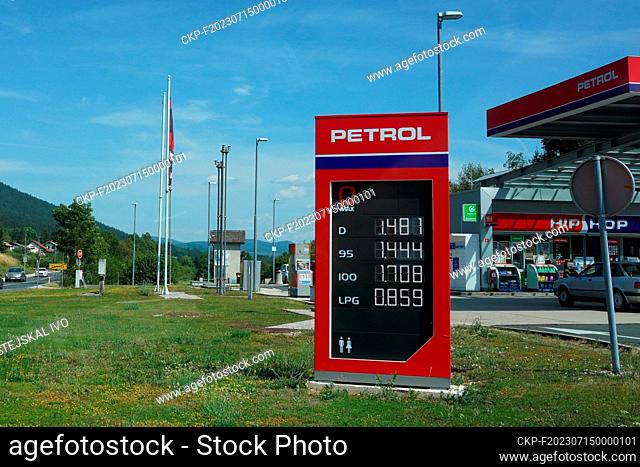 The price of fuel in Slovenia outside the motorways is around 1.444 Euro for petrol 95 and 1.481 for diesel per litre. Pictured Petrol station in Cerknica