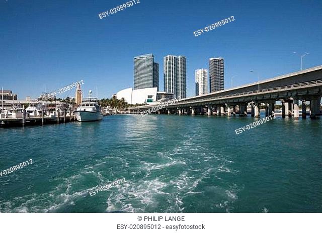 Miami downtown scyscrapers view from a boat. Florida, USA