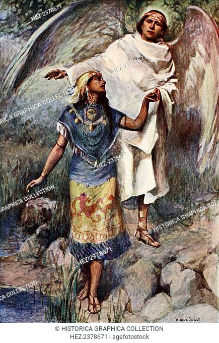 'The old gods vanquished', 1925. A princess of ancient Mexico is shown the coming of a new faith. From The Book of Myths by Amy Cruse, 1925