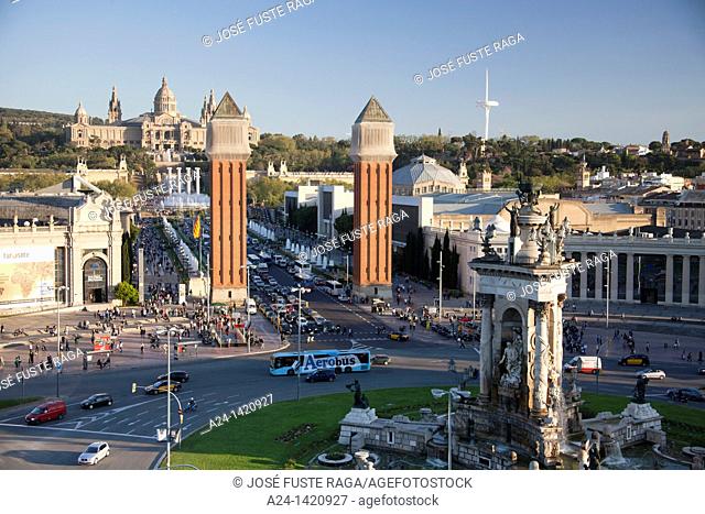 Montjuich National Palace and fountains, Venetian Towers, Plaça d'Espanya square, Barcelona, Catalonia, Spain