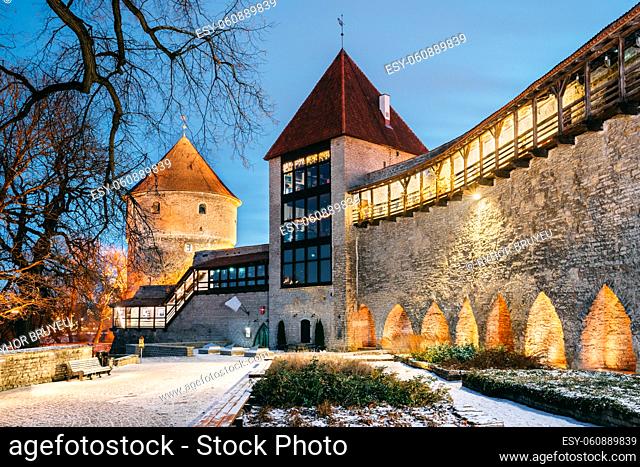 Tallinn, Estonia. Former Prison Tower Neitsitorn In Old Tallinn. Medieval Maiden Tower In Winter Evening Or Night Illumination
