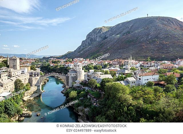 Aerial view on Mostar city with Old Bridge, Bosnia and Herzegovina
