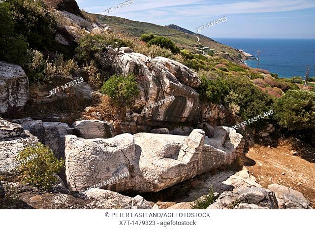 The ancient kouros abandoned by its makers because of flaws in the stone, at the Ancient marble quarries at Apollon Apollonas Naxos, Greece