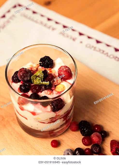 Yogurt with cereal and fruits
