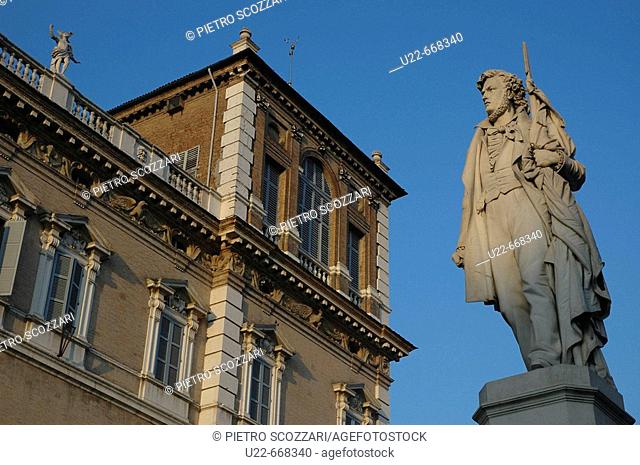 Modena (Italy), monument to Ciro Menotti, in Piazza Roma, in front of Palazzo Ducale
