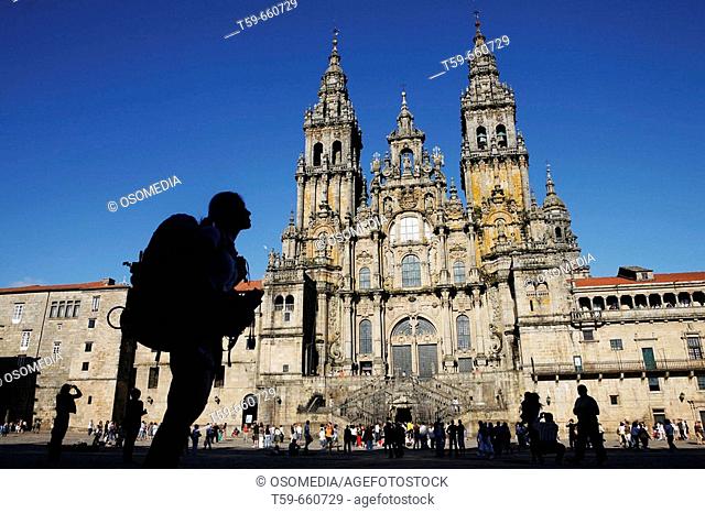 Cathedral of Santiago de Compostela with pilgrim, Spain