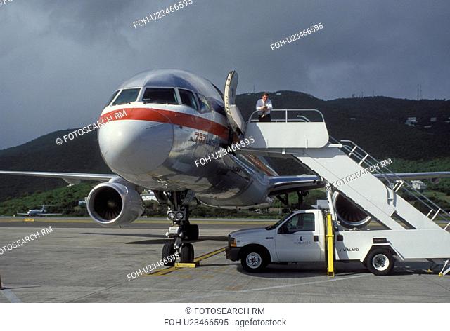 jet, Caribbean, St. Thomas, U.S. Virgin Islands, USVI, American Airlines Jet parked at the gate at Cycil E. King Airport terminal on Saint Thomas Island