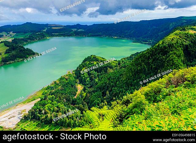 View of the Lake Furnas (Lagoa das Furnas) on Sao Miguel Island, Azores, Portugal from the Pico do Ferro scenic viewpoint