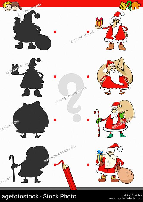 Cartoon Illustration of Matching Shadows Educational Game for Children with Santa Claus Characters