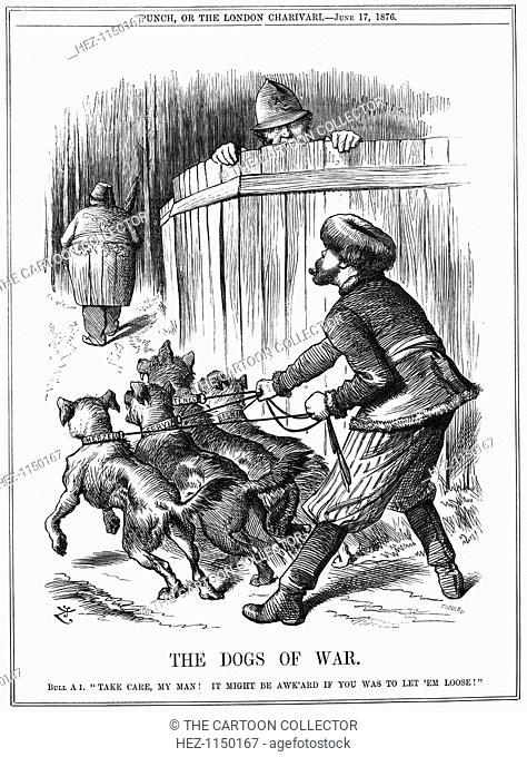 'The Dogs of War', 1876. A Russian struggles to control a group of dogs, representing the Balkans, which are pulling at their leashes, eager to chase Murad V