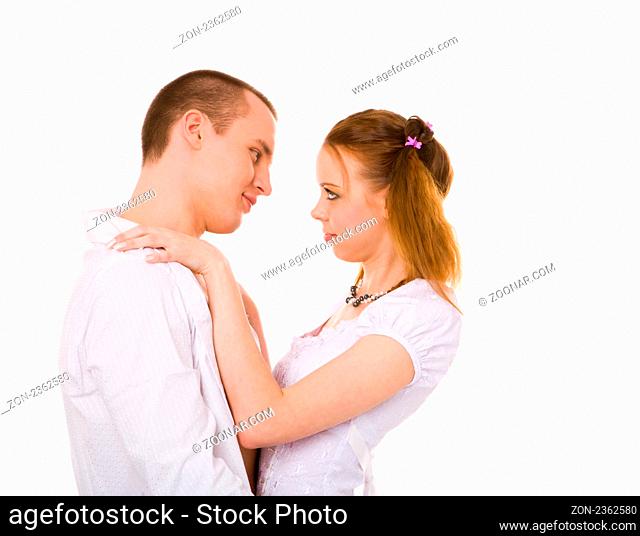 Couple talking full of emotions isolated on white