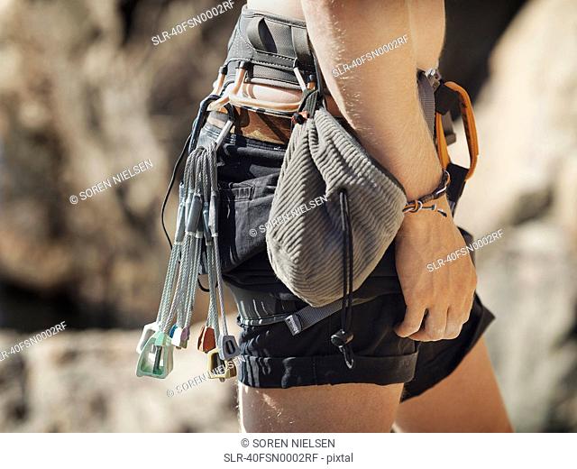 Close up of rock climbers belt