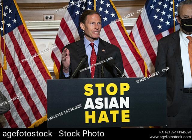 United States Senator Richard Blumenthal (Democrat of Connecticut) offers remarks during a press conference following Senate passage of the COVID-19 Hate Crimes...