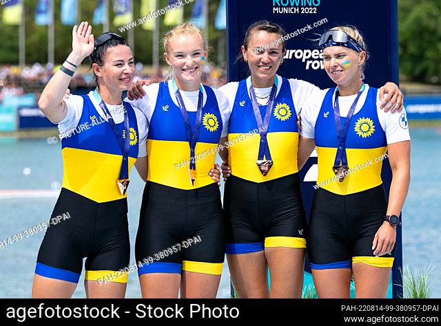 13 August 2022, Bavaria, Munich: European Championships, European Championship, rowing, double four, women, final, at the Olympic regatta facility in...