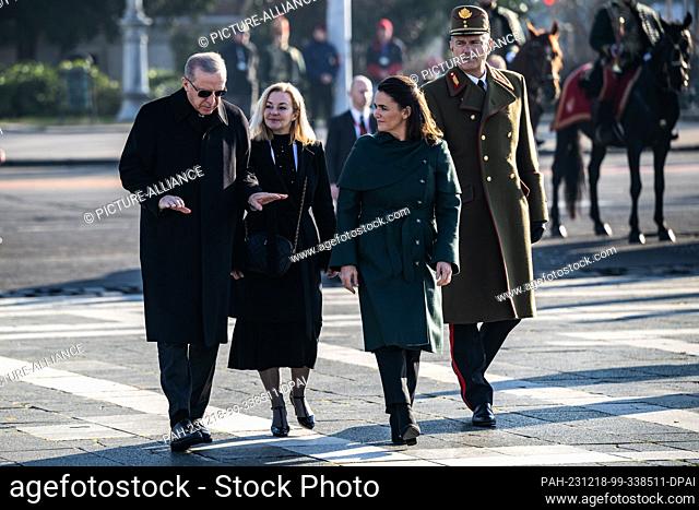 18 December 2023, Hungary, Budapest: Turkish President Recep Tayyip Erdogan attends a wreath-laying ceremony with his Hungarian counterpart Katalin Novak at...